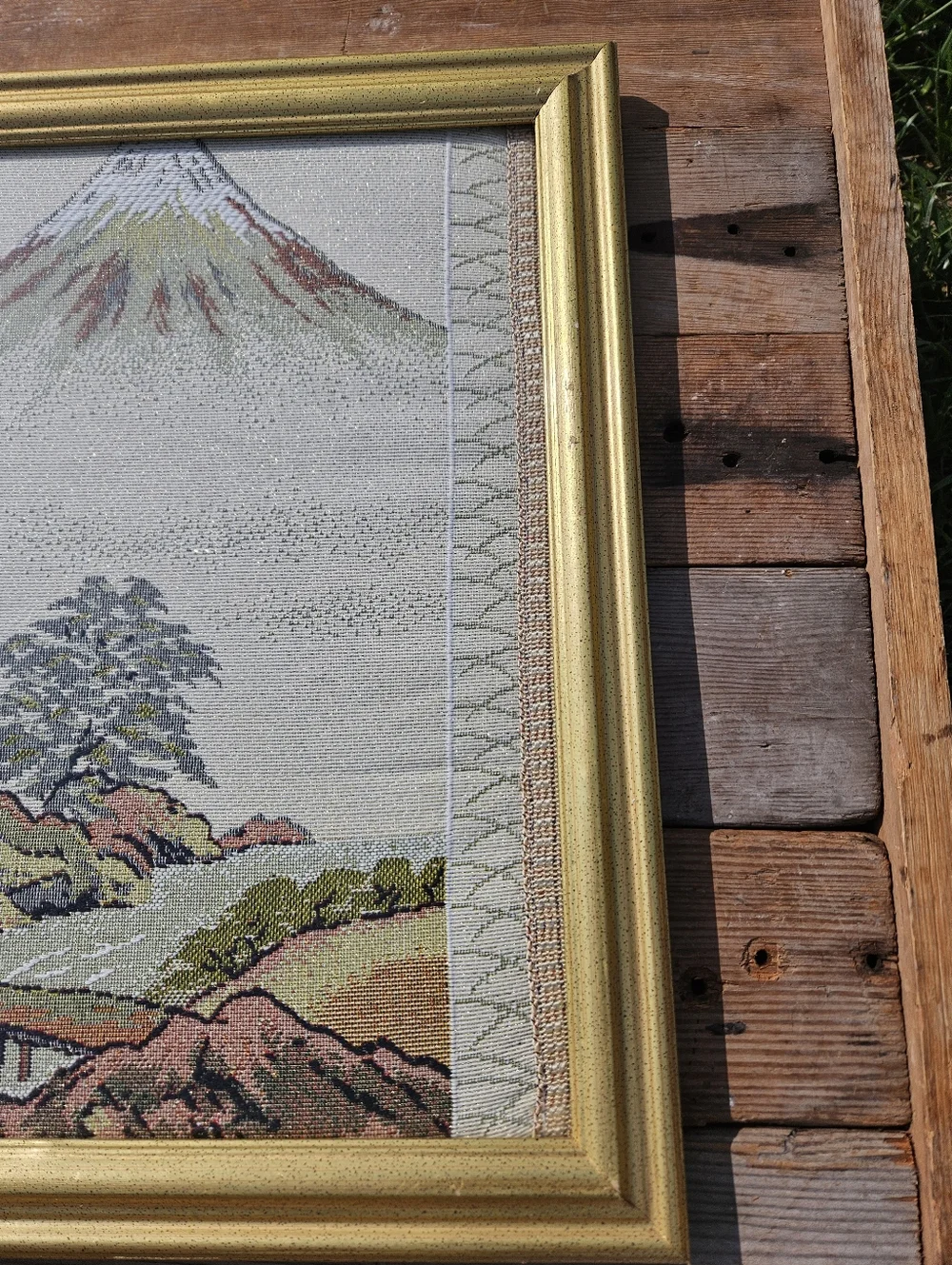 VINTAGE Japanese Tapestry Mt Fuji Landscape Framed Woven Art Garden Scene Japan